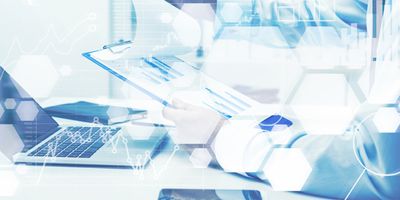 Close up of a businessman looking at a clipboard with a blue bar chart attached to it. Conept of data analysis. Toned image. Double exposure. Elements of this image furnished by NASA

