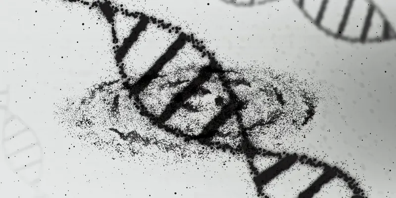 A DNA double helix overlaid with a galaxy, symbolizing DNA analysis techniques including purification, hybridization, LC-MS, and sequencing used in forensic investigations and degraded DNA profiling.