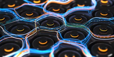 Close-up of battery cells with colored signal lines illustrating data flow, representing quality control in battery production.