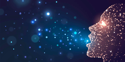 Human face in profile from stars, blue sparks fly out of open mouth