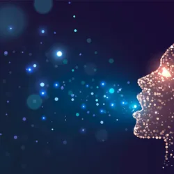 Human face in profile from stars, blue sparks fly out of open mouth