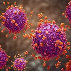 Illustration of viral particles representing pathogen targets in the antigen discovery process, highlighting immune system interaction and molecular screening.