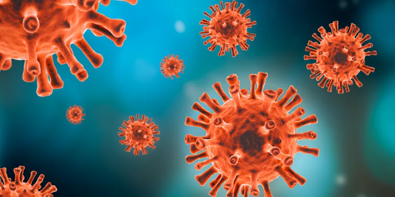 Illustration of a red virus particle on a blue background, representing viral vector characterization in vaccine and gene therapy development.