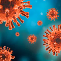 Illustration of a red virus particle on a blue background, representing viral vector characterization in vaccine and gene therapy development.