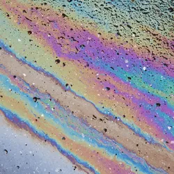Iridescent surface pattern caused by an oil spill on pavement, illustrating visual cues used in oil spill analysis for rapid identification and characterization.