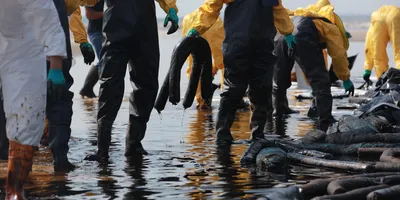First responders in protective gear clean up an oil spill; future approaches like hydrophobic paper sampling aim to simplify field collection in such conditions.