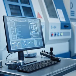 Computer screen displaying a high-tech data dashboard in a laboratory setting, representing digital infrastructure used in NGS biomarker testing workflows.