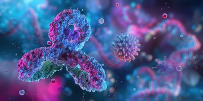 3D-rendered antibody structure in a colorful biological environment, representing molecular interactions targeted by protein affinity columns in biopharmaceutical analysis.
