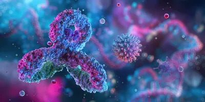 3D-rendered antibody structure in a colorful biological environment, representing molecular interactions targeted by protein affinity columns in biopharmaceutical analysis.