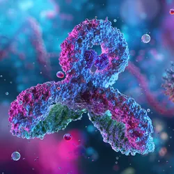 3D-rendered antibody structure in a colorful biological environment, representing molecular interactions targeted by protein affinity columns in biopharmaceutical analysis.