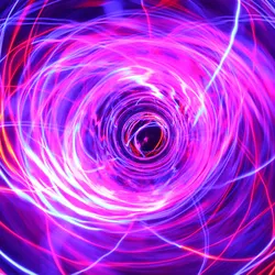 Abstract representation of high-energy photon activity using violet and blue light trails, symbolizing the operational principle of a gamma radiation detector in low-light detection environments.