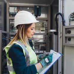 Engineer conducting documentation review at a nuclear facility, representing on-site nuclear quality assurance practices in energy infrastructure.