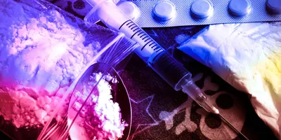 Opioid pills denoting drugs of abuse concept with syringe and preparation spoon.