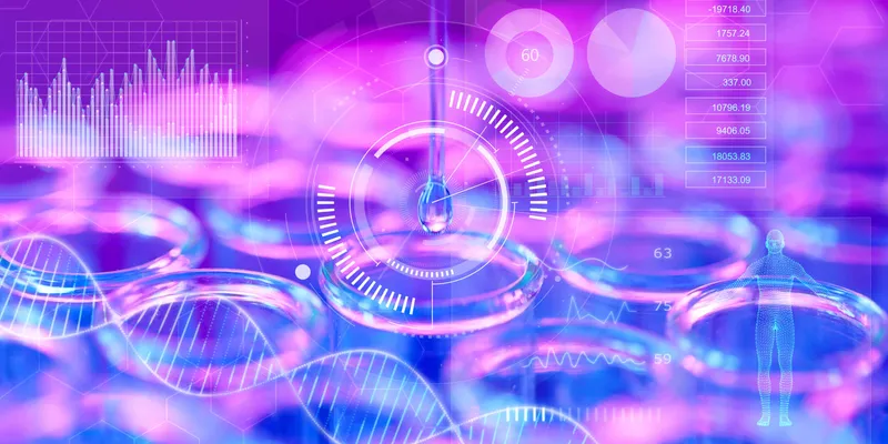 Digital visualization of laboratory vials with overlaid data charts, DNA strands, and human health graphics, symbolizing the integration of LIMS (LaboraDigital visualization of laboratory vials with overlaid data charts, DNA strands, and human health graphics, symbolizing the integration of LIMS (Laboratory Information Management Systems) in modern analytical workflows.tory Information Management Systems) in modern analytical workflows.