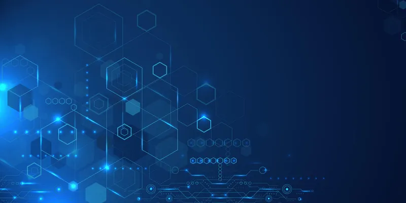 Futuristic digital background with interconnected hexagons and circuit patterns on a dark blue gradient, representing advanced cloud-based technologies like SaaS 2.0.
