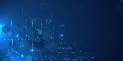 Futuristic digital background with interconnected hexagons and circuit patterns on a dark blue gradient, representing advanced cloud-based technologies like SaaS 2.0.