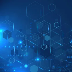 Futuristic digital background with interconnected hexagons and circuit patterns on a dark blue gradient, representing advanced cloud-based technologies like SaaS 2.0.