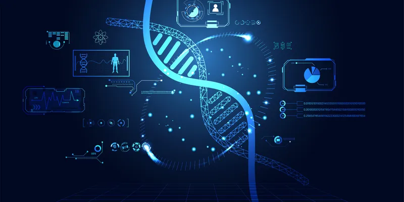 Futuristic user interface concept illustrating biomarker analysis with a holographic human figure, digital diagnostics icons, and molecular structures in a high-tech medical visualization.