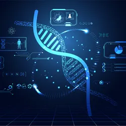 Futuristic user interface concept illustrating biomarker analysis with a holographic human figure, digital diagnostics icons, and molecular structures in a high-tech medical visualization.