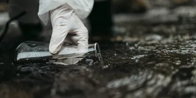 Gloved hand extracting water sample from river in a conical flask