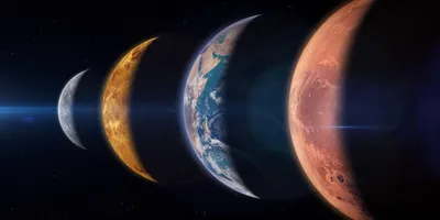 Illustration of Mercury, Venus, Earth, and Mars aligned in space, highlighting comparative planetary exploration and NASA’s use of mass spectrometry in studying planetary atmospheres.