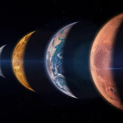 Illustration of Mercury, Venus, Earth, and Mars aligned in space, highlighting comparative planetary exploration and NASA’s use of mass spectrometry in studying planetary atmospheres.