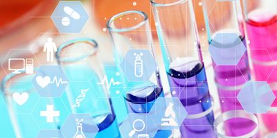 Colorful test tubes filled with blue, purple, and pink liquids alongside medical and laboratory icons, representing research and innovation in an analytical chemistry book.