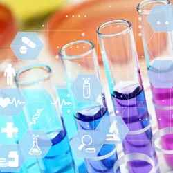 Colorful test tubes filled with blue, purple, and pink liquids alongside medical and laboratory icons, representing research and innovation in an analytical chemistry book.