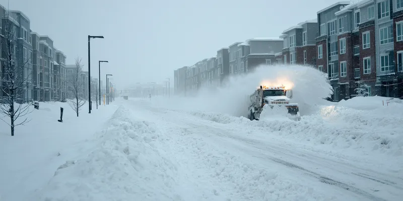 Snow plough removing snow from street