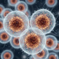 Detailed microscopic view of numerous cells and vesicles, illustrating the complex biological environment from which exosomes are separated using exosome isolation protocols.