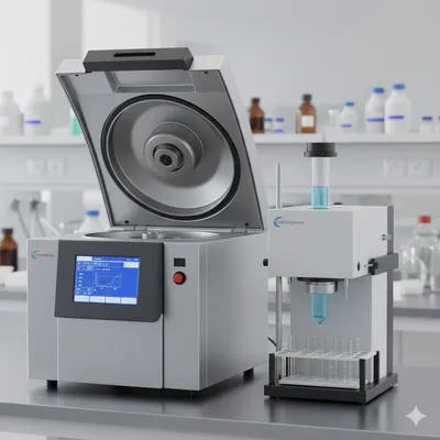 A laboratory setup with an operating ultracentrifuge on the left and a size-exclusion chromatography (SEC) system actively separating blue liquid into test tubes on the right, illustrating key extracellular vesicle isolation methods.