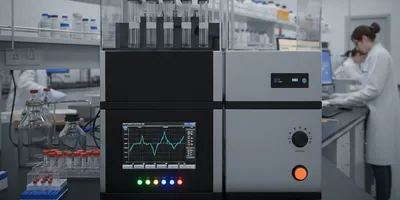 A capillary electrophoresis machine sits on a lab bench, displaying a scientific graph. Two lab technicians work in the background of the laboratory