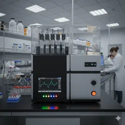 A capillary electrophoresis machine sits on a lab bench, displaying a scientific graph. Two lab technicians work in the background of the laboratory