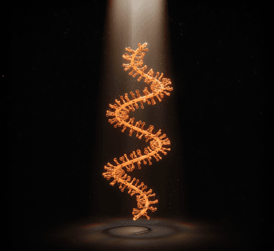 Stylized illustration of a glowing, unfolded orange mRNA strand, illuminated by a spotlight against a dark background, representing the molecule being analyzed by mass photometry. 