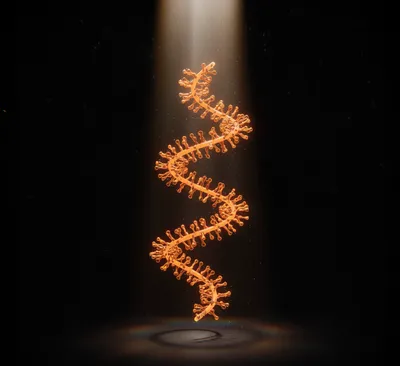 Stylized illustration of a glowing, unfolded orange mRNA strand, illuminated by a spotlight against a dark background, representing the molecule being analyzed by mass photometry.