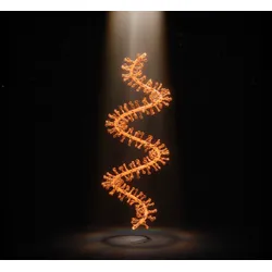 Stylized illustration of a glowing, unfolded orange mRNA strand, illuminated by a spotlight against a dark background, representing the molecule being analyzed by mass photometry. 