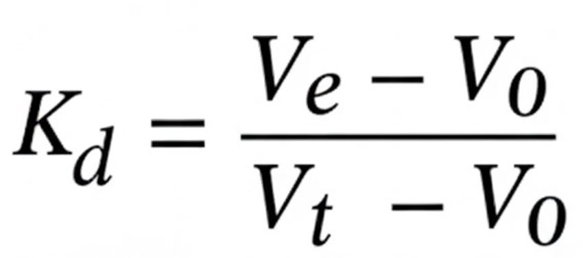 Formula for the distribution coefficient (Kd) in size exclusion chromatography (SEC), showing Kd equals (Ve minus V0) divided by (Vt minus V0), critical for understanding what elutes first in SEC based on elution volumes. Formula for the distribution coefficient (Kd) in size exclusion chromatography (SEC), showing Kd equals (Ve minus V0) divided by (Vt minus V0), critical for understanding what elutes first in SEC based on elution volumes.