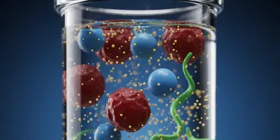 Close-up of a diverse sample mixture in a clear vial or column, showing large red aggregates, medium blue globular proteins, and tiny yellow particles suspended in a solution. This sample represents the diverse molecules and particles that may elute in size exclusion chromatography columns.