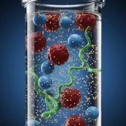 Close-up of a diverse sample mixture in a clear vial or column, showing large red aggregates, medium blue globular proteins, and tiny yellow particles suspended in a solution. This sample represents the diverse molecules and particles that may elute in size exclusion chromatography columns.