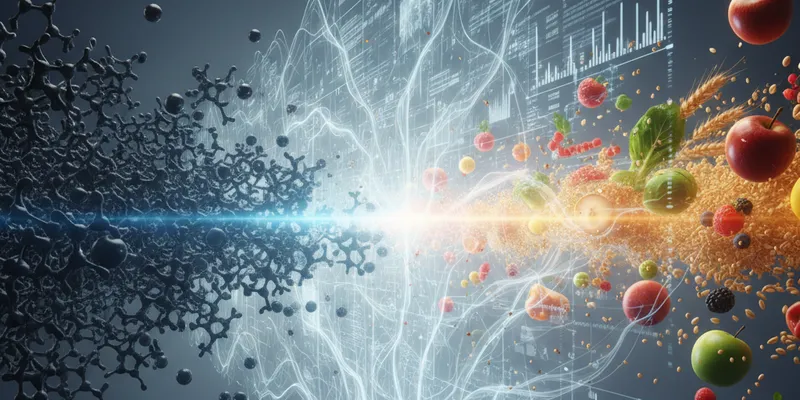 Abstract visualization of analytical technology forming a protective barrier between harmful molecules and safe food.