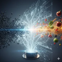 Abstract visualization of analytical technology forming a protective barrier between harmful molecules and safe food.