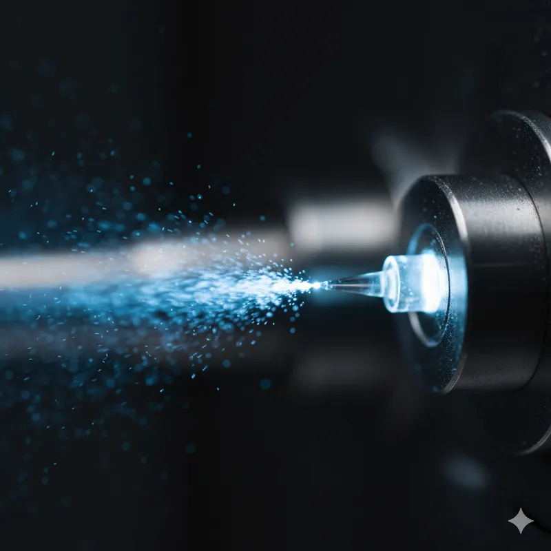 Macro close-up of a CE-MS electrospray ionization source, showing a fine capillary tip emitting a blue, luminous mist of ions.