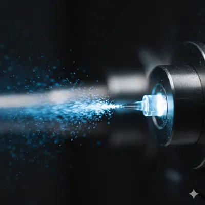 Macro close-up of a CE-MS electrospray ionization source, showing a fine capillary tip emitting a blue, luminous mist of ions.