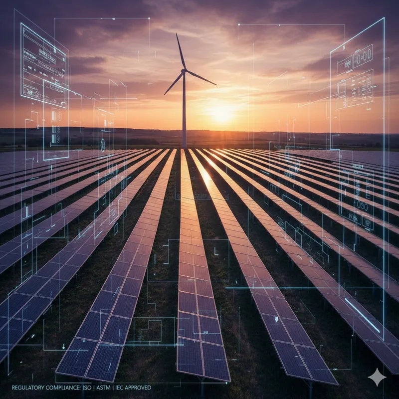 An aerial view of a solar power plant and wind turbine at sunset, enhanced with glowing digital schematics and data points, symbolizing the stringent renewable energy regulatory framework governing clean energy technology, testing, and approval by ISO, ASTM, and IEC standards.