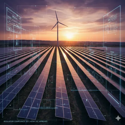 An aerial view of a solar power plant and wind turbine at sunset, enhanced with glowing digital schematics and data points, symbolizing the stringent renewable energy regulatory framework governing clean energy technology, testing, and approval by ISO, ASTM, and IEC standards.