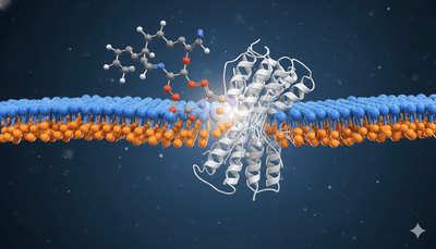 3D molecular rendering of a GLP-1 receptor agonist interacting with a transmembrane protein embedded in a lipid bilayer, illustrating the structural complexity and amphiphilic nature of peptide therapeutics as they engage biological targets.