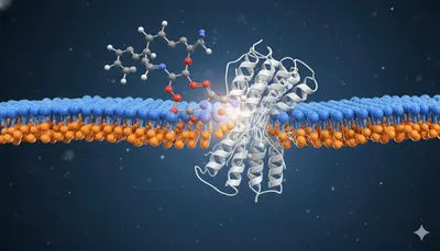 3D molecular rendering of a GLP-1 receptor agonist interacting with a transmembrane protein embedded in a lipid bilayer, illustrating the structural complexity and amphiphilic nature of peptide therapeutics as they engage biological targets.