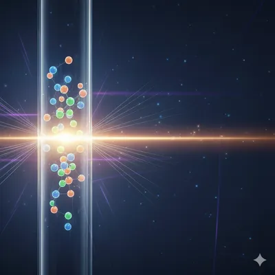 A scientific illustration depicting the process of CE sample stacking. Inside a translucent capillary, colorful molecules are shown highly concentrated and tightly stacked, emanating a bright, focused beam of light and radiating energy against a dark, starry background, symbolizing enhanced analytical sensitivity.