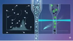 Illustration comparing NTA size distribution and flow cytometry scatter detection used in exosome quantification.