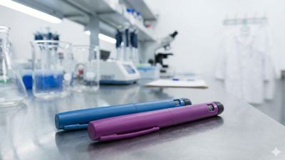 Two unlabeled injection pens resting on a stainless steel laboratory bench, representing the finished product samples that undergo rigorous GLP-1 peptide impurity profiling.